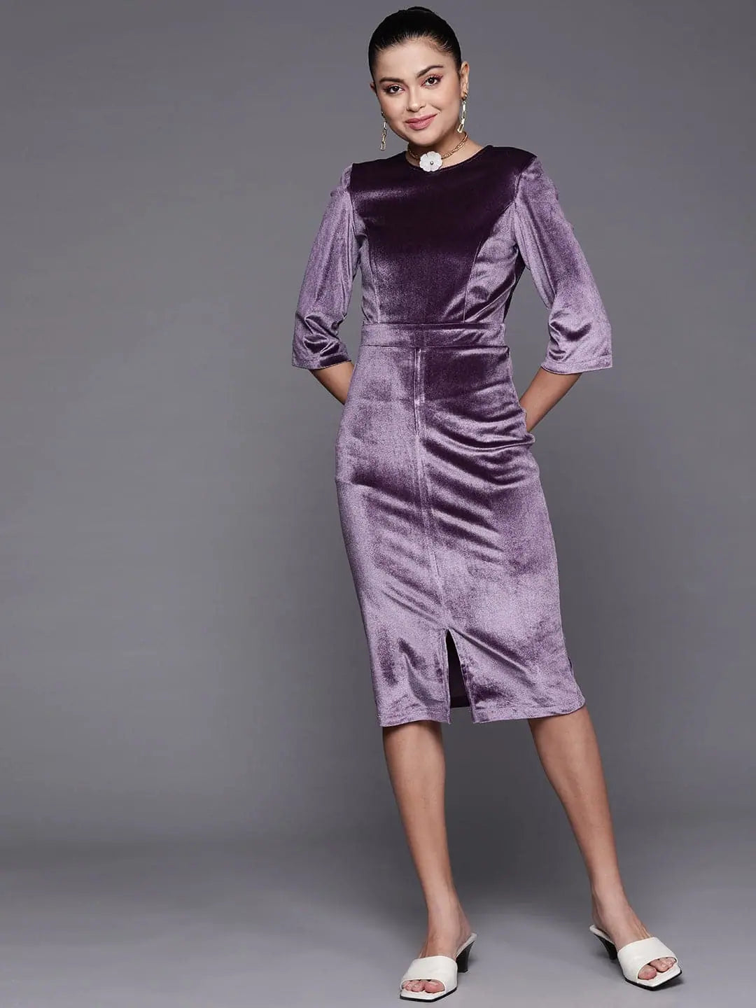 Spring dresses for blossoming stylesWomen Purple Velvet Front Slit Bodycon Midi Dress