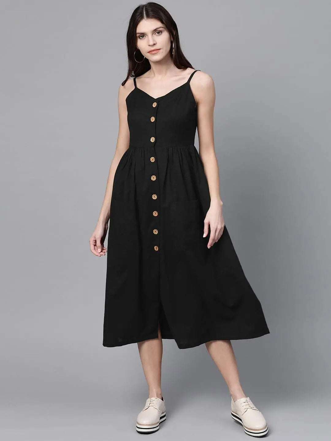 Backless dresses for womenBlack Button Strappy Midi