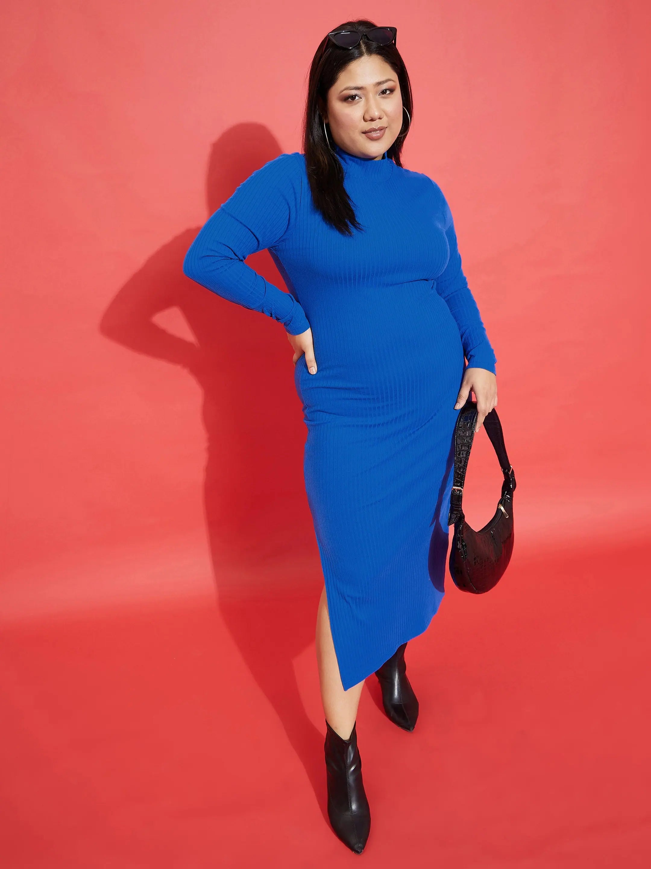 Plus-size dresses for womenWomen Royal Blue Rib Side Slit Bodycon Midi Dress