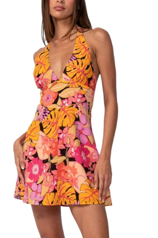 Ruched dresses for womenTropical Floral Halter Mini Dress In Night Flower