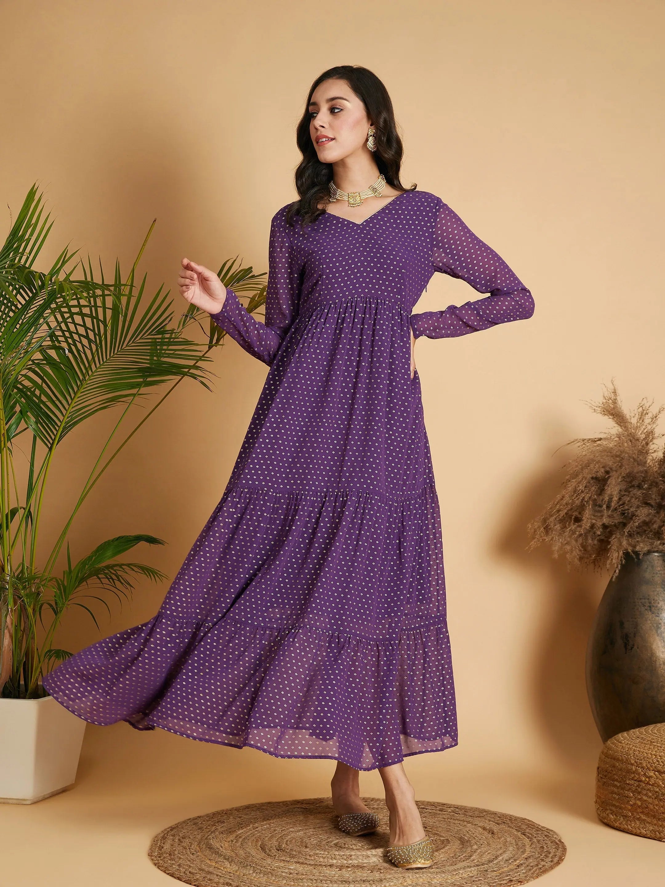 V-neck dresses for womenWomen Purple Dot Foil Print Tiered Maxi Dress