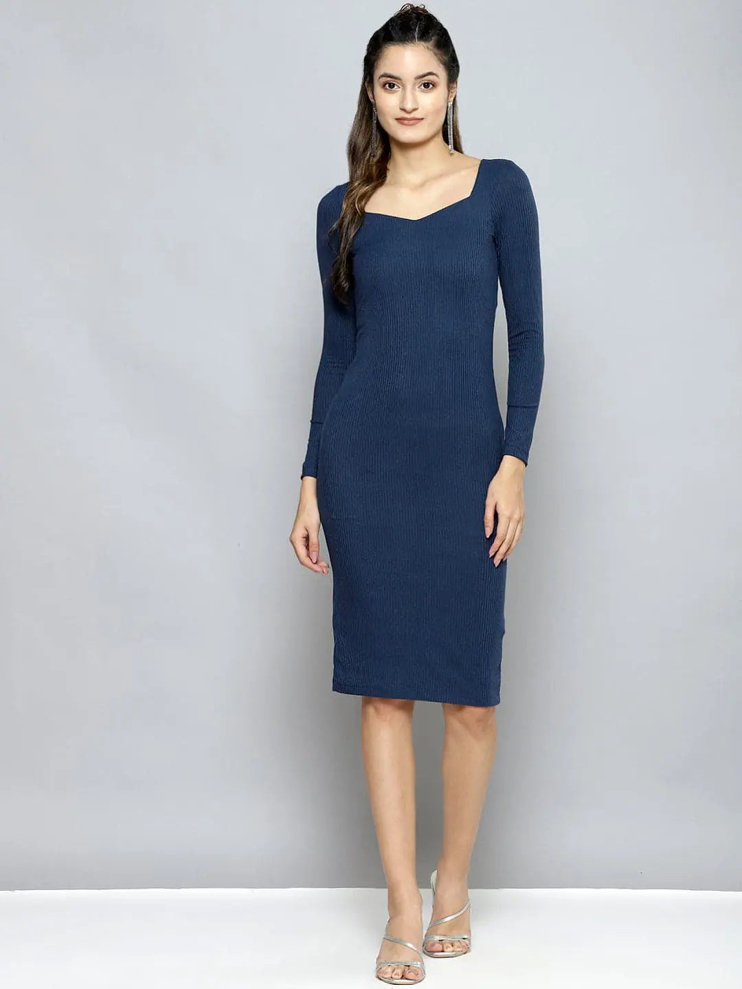 Godet dresses for womenWomen Blue Rib Sweetheart Neck BodyCon Midi Dress