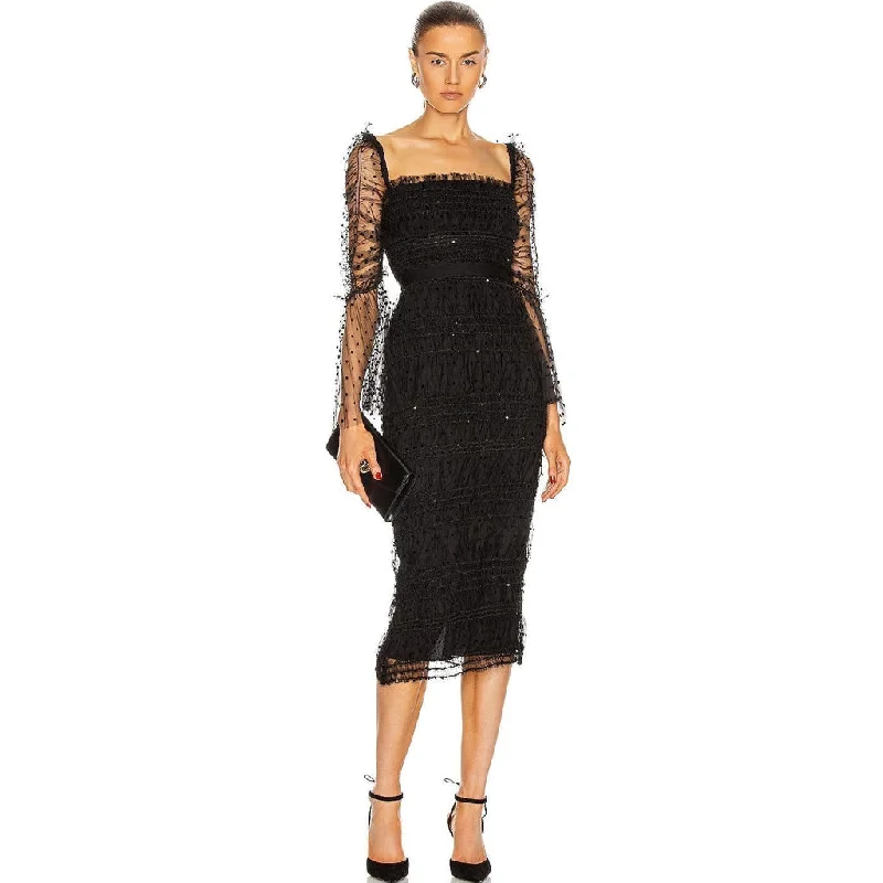 Long-sleeved dresses for womenSparkly Sequin Flocked Dotted Tulle Cocktail Midi Dress - Black