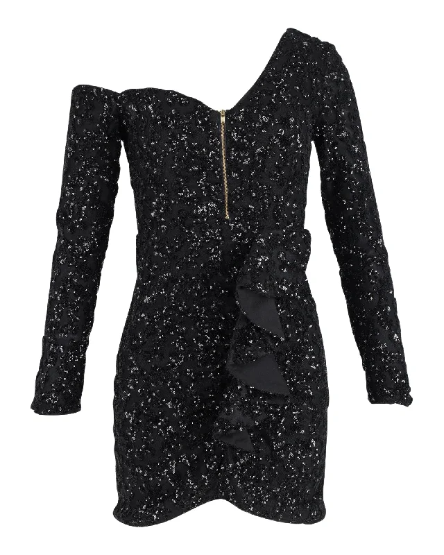 Glamour dresses for red carpet appearancesSelf-Portrait Sequin-Embellished Off-The-Shoulder Mini Dress in Black Polyester