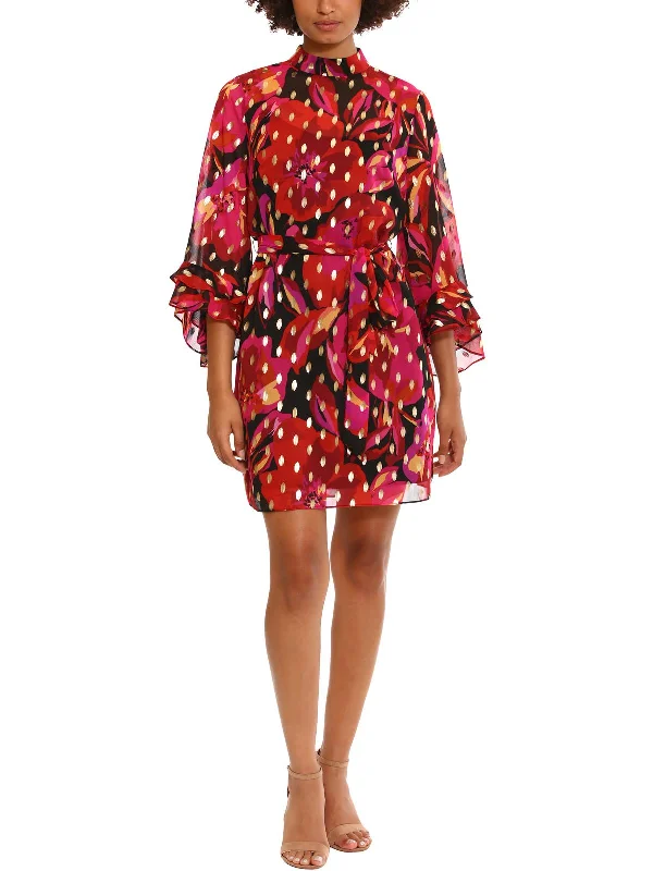 Bell sleeve dresses for womenWomens Floral Print Belted Mini Dress