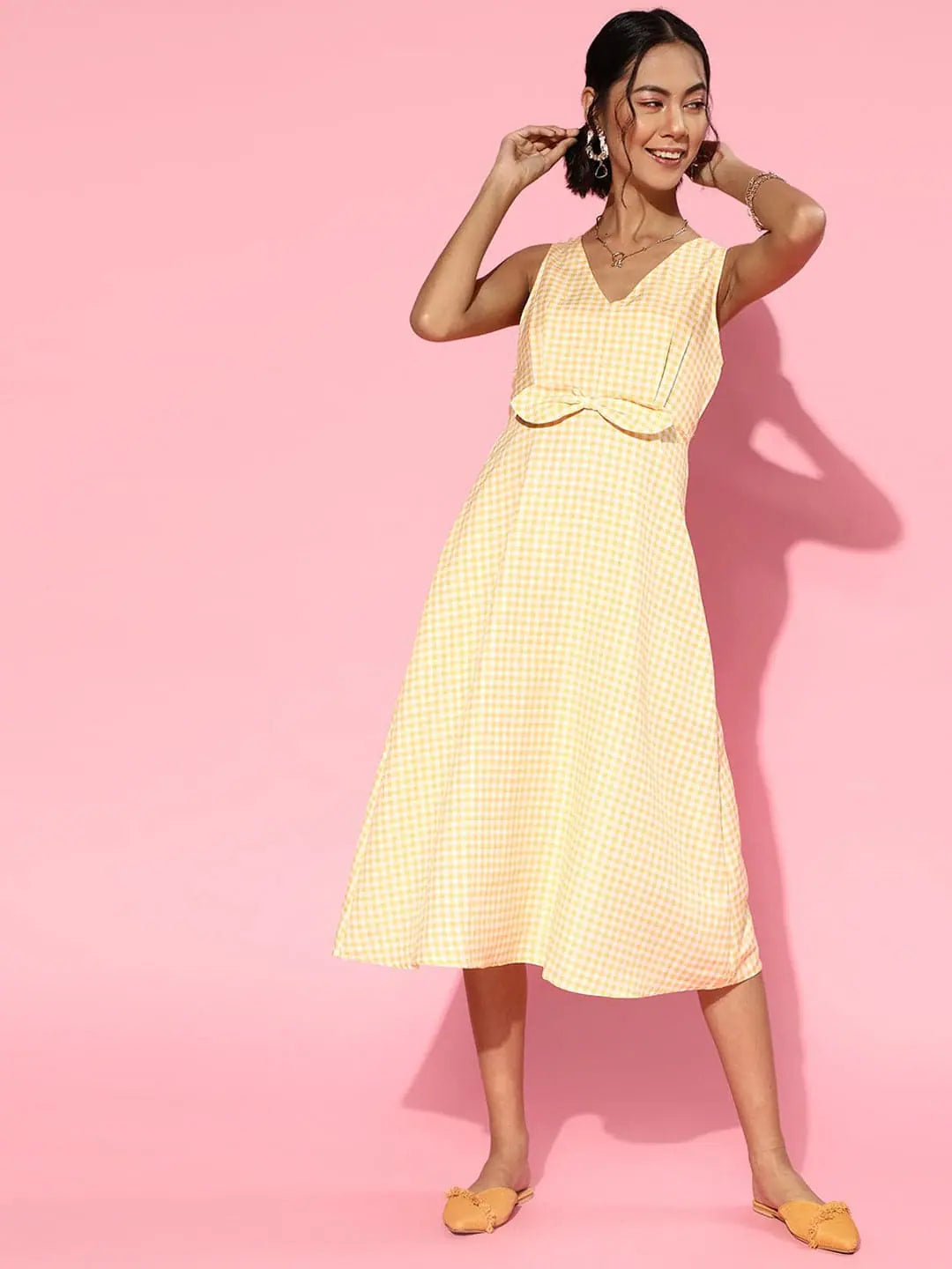 Bohemian women's dressesWomen Yellow Gingham Check Waist-Bow Midi Dress