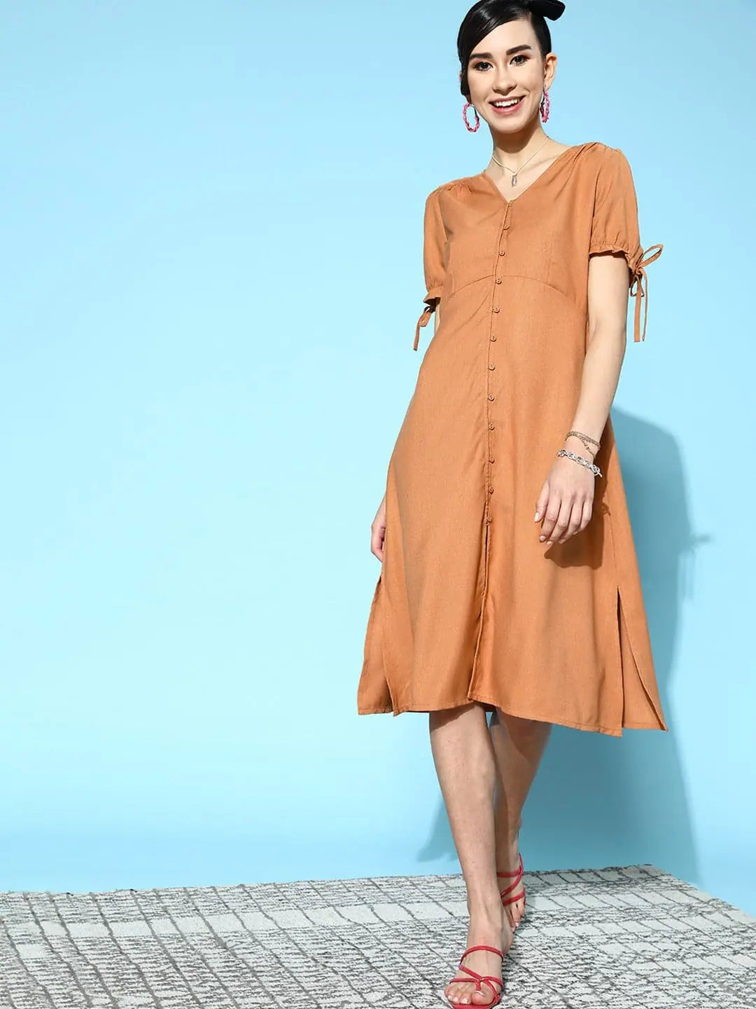 High-low hem dresses for womenWomen Brown Front Open Midi Dress