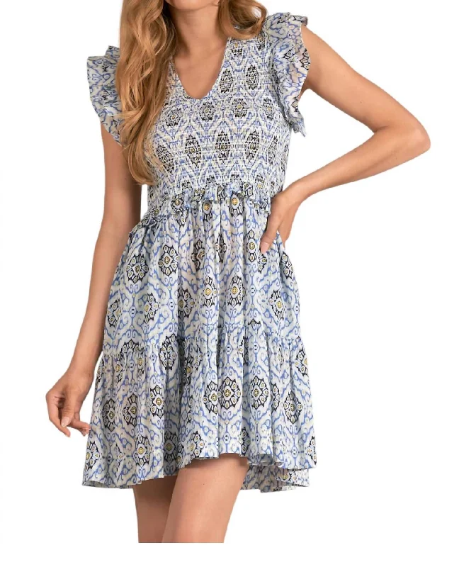 Loose-fitting dresses for womenSmocked Bodice Print Mini Dress In Blue Print