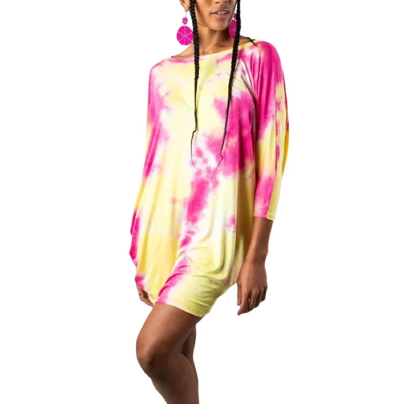 Batwing sleeve dresses for womenGradient Tie Dye Mini Dress In Pinkyellow