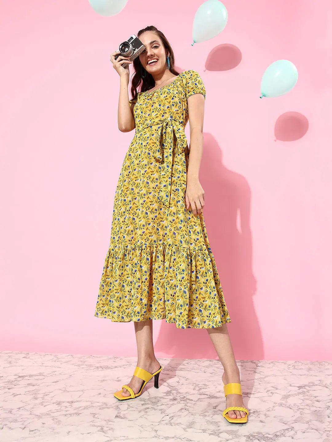 Maxi dresses for womenThe Great Cleansing Printed Ruffled Midi Dress Multicolored-Base-Yellow