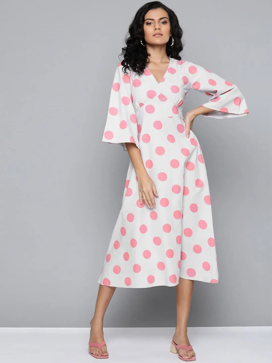 Dancewear dresses for performancesPink & Grey Polka V-Neck Midi Dress