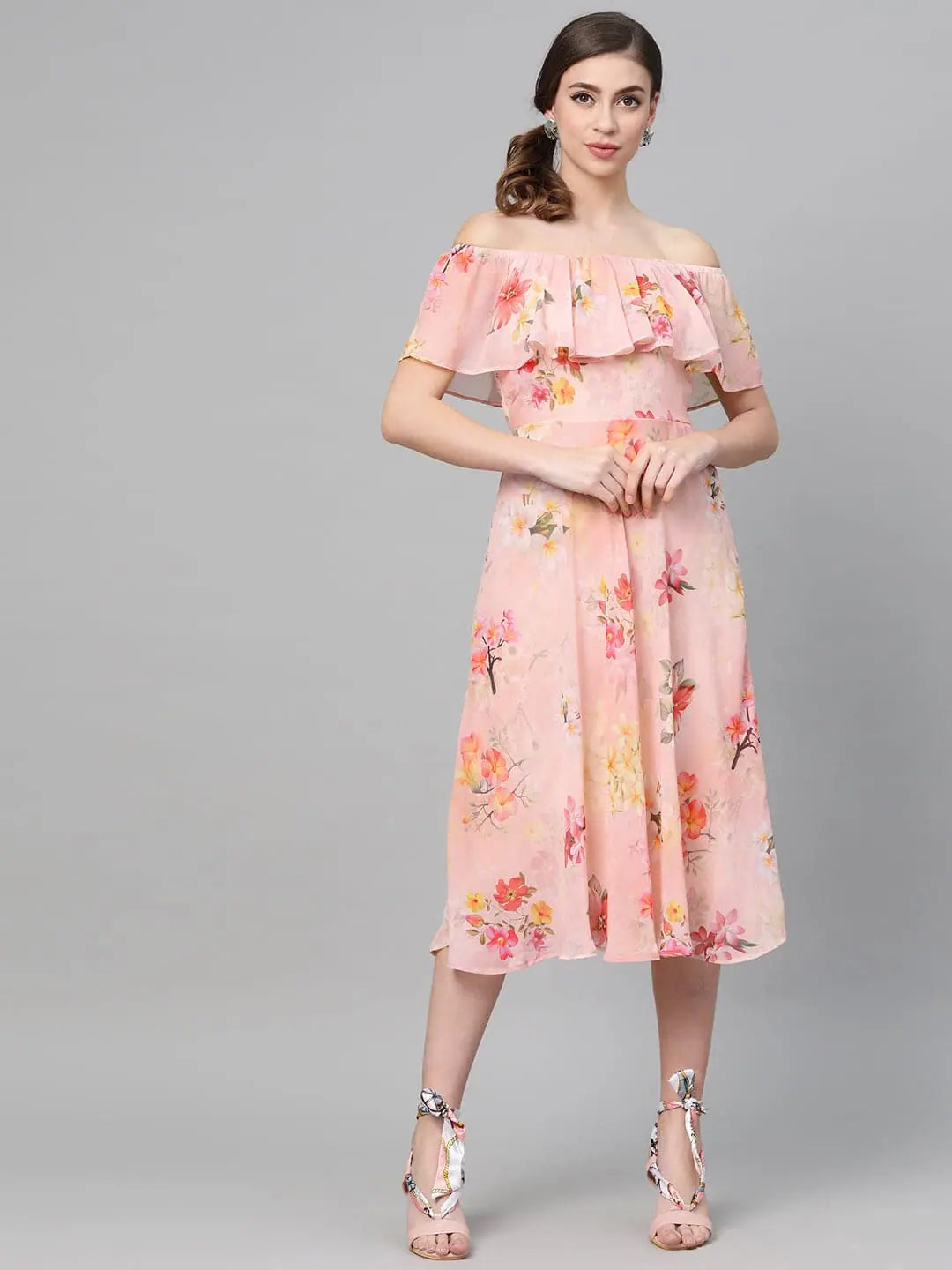 Cocktail dresses for womenPeach Floral Off Shoulder Midi Dress