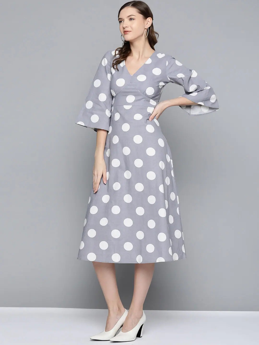 Handmade dresses for unique fashion statementsGrey & White Polka V-Neck Midi Dress