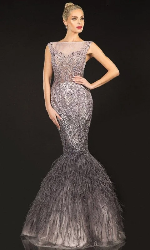 Autumn dresses for fall fashionTerani Couture - 2021GL3577 Cap Sleeve Feathered Mermaid Gown