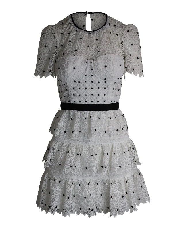 Mother-of-the-bride dressesSelf-Portrait Tiered Polka Dot Floral Lace Mini Dress in White Polyester