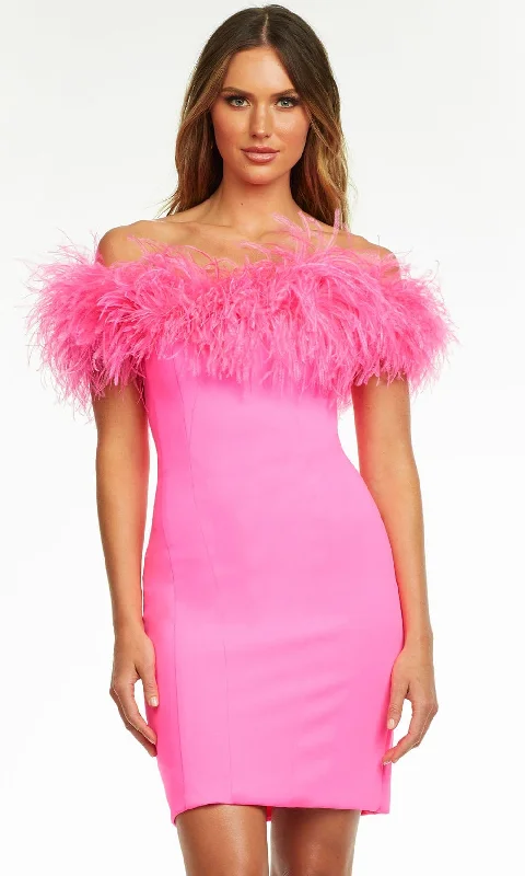 Godet dresses for womenAshley Lauren - 4490 Off Shoulder Feather Short Dress