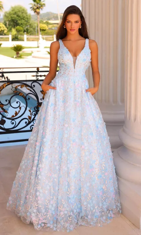 Lantern sleeve dresses for womenClarisse 810723 - V-Neck Floral Appliqued Prom Gown