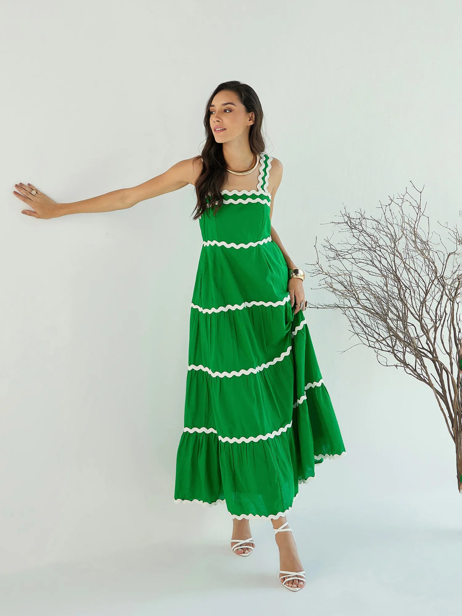 Fit-and-flare dresses for womenWomen Green Ric Rac Lace Tiered Maxi Dress-SFDRSS12436