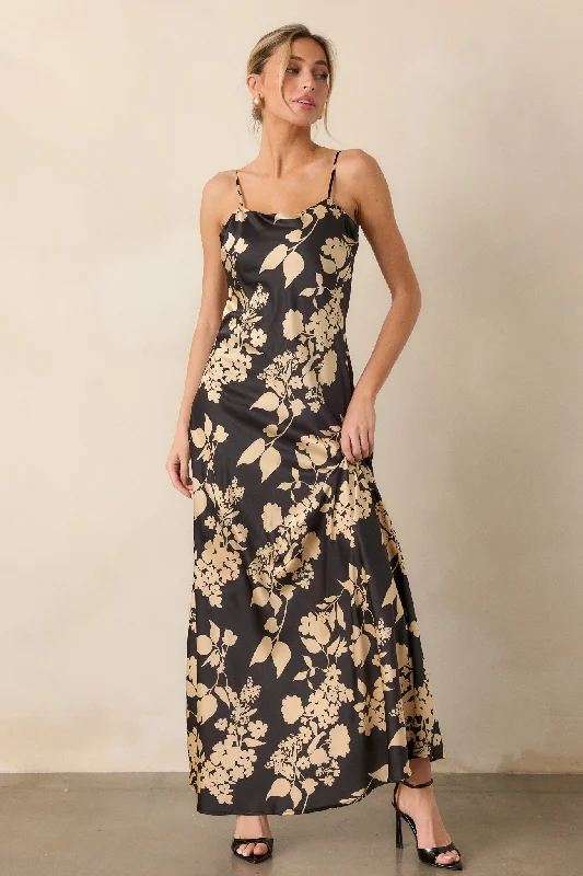 Smock dresses for womenCrescent Glow Black Floral Satin Maxi Dress