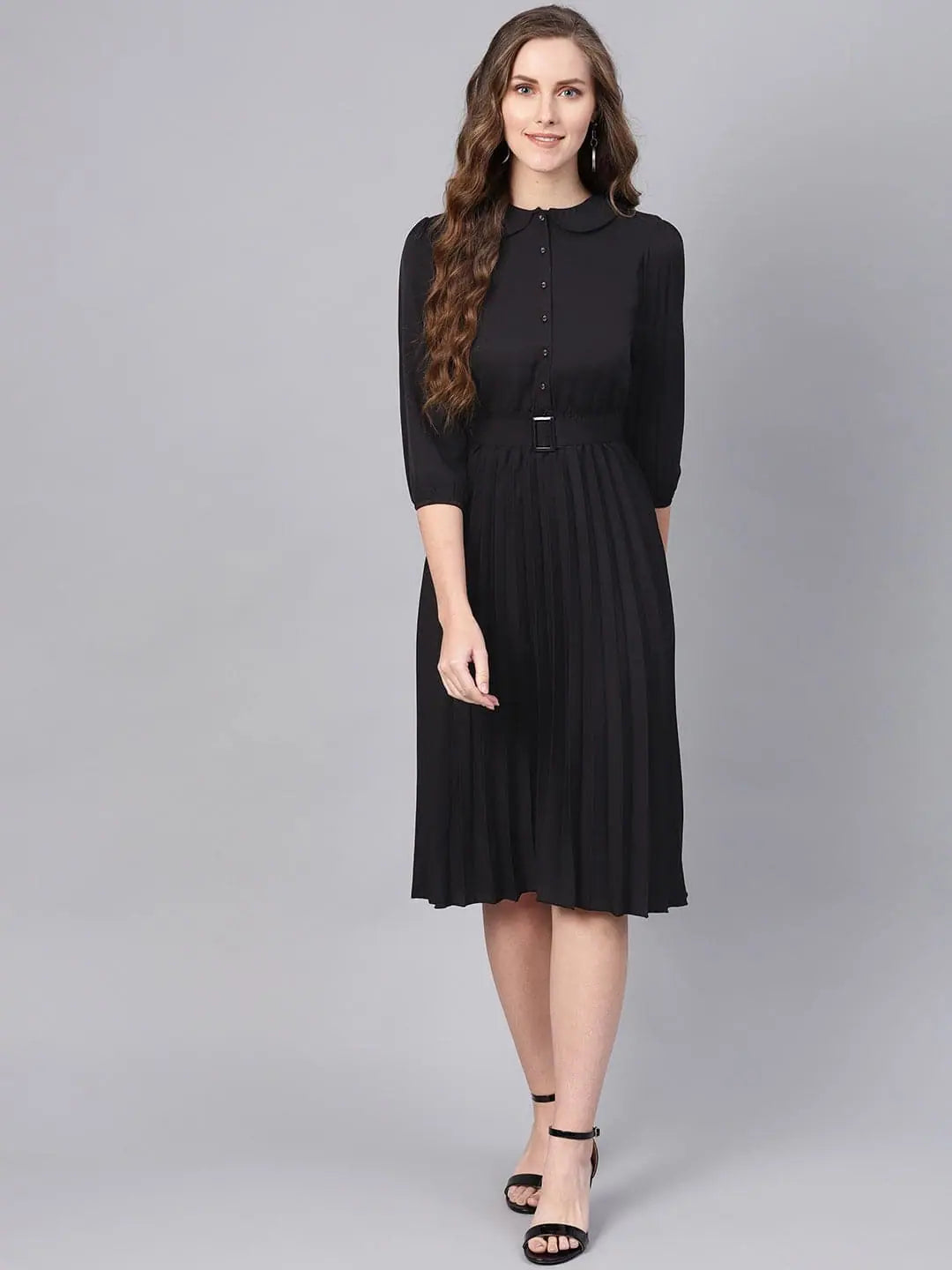 Day dresses for everyday wearBlack Peterpan Belted Pleated Midi Dress