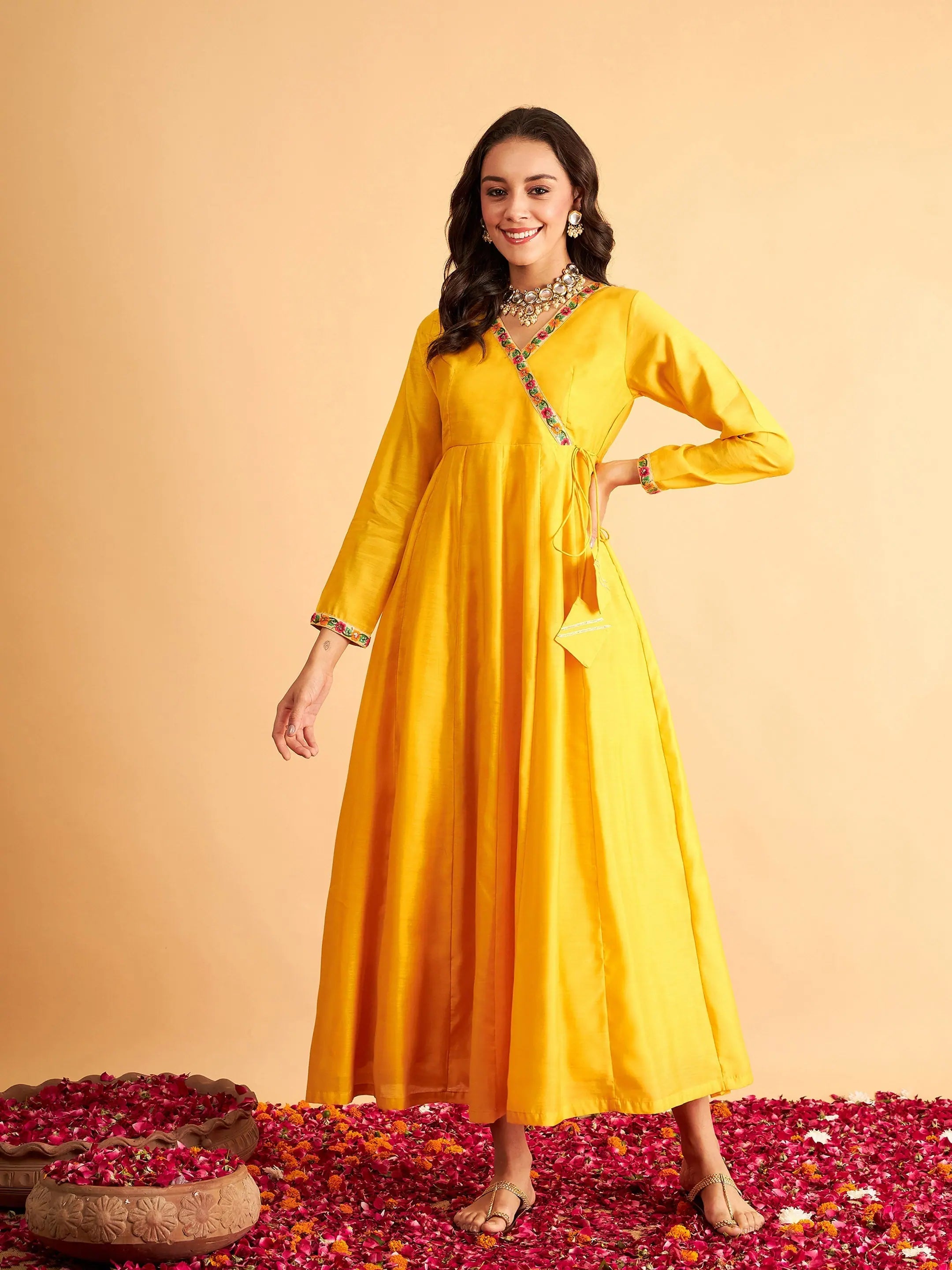 Shift dresses for womenWomen Yellow Solid Wrap Neck Anarkali Maxi Dress