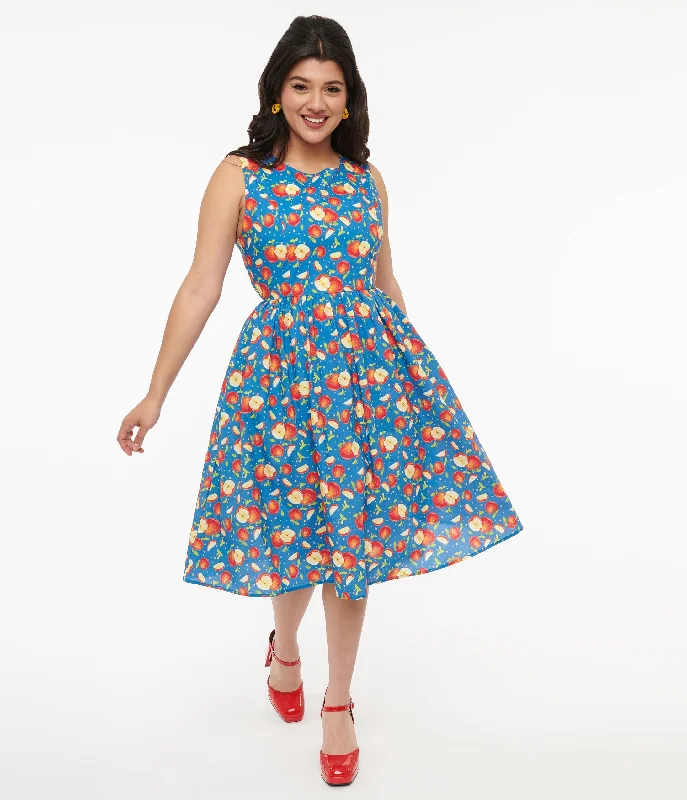 Peplum dresses for women1950s Blue & Red Apple Print Cotton Swing Dress