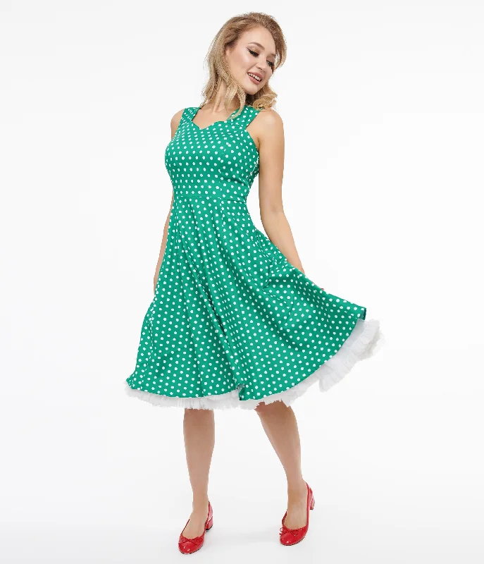 Sweetheart neckline dresses for women1950s Green & White Polka Dot Cotton Swing Dress