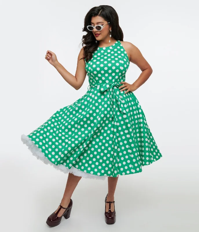 Little red dresses (LRDs) for women1950s Green & White Polka Dot Tie Swing Dress