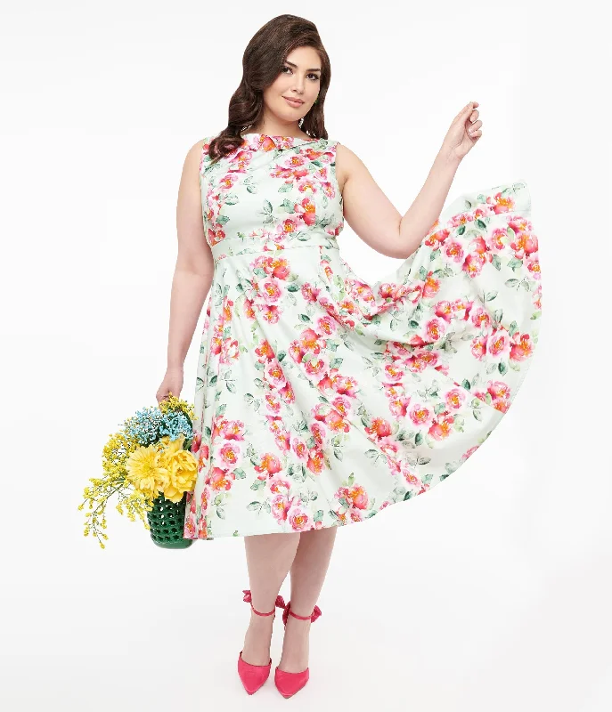 Bell sleeve dresses for women1950s Mint Green & Pink Floral Print Cotton Marissa Swing Dress