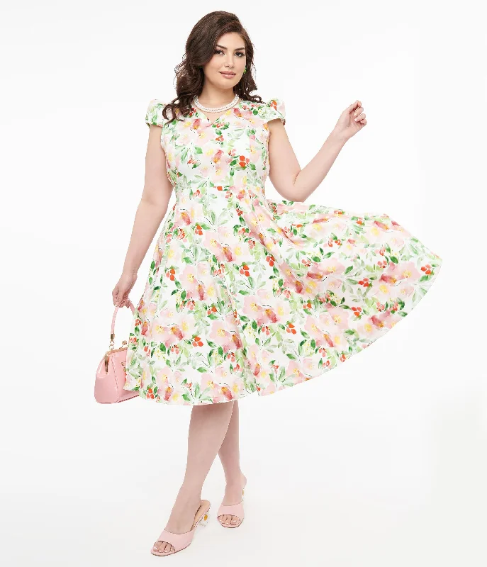 Godet dresses for women1950s Pink & Green Floral Cotton Larisa Swing Dress