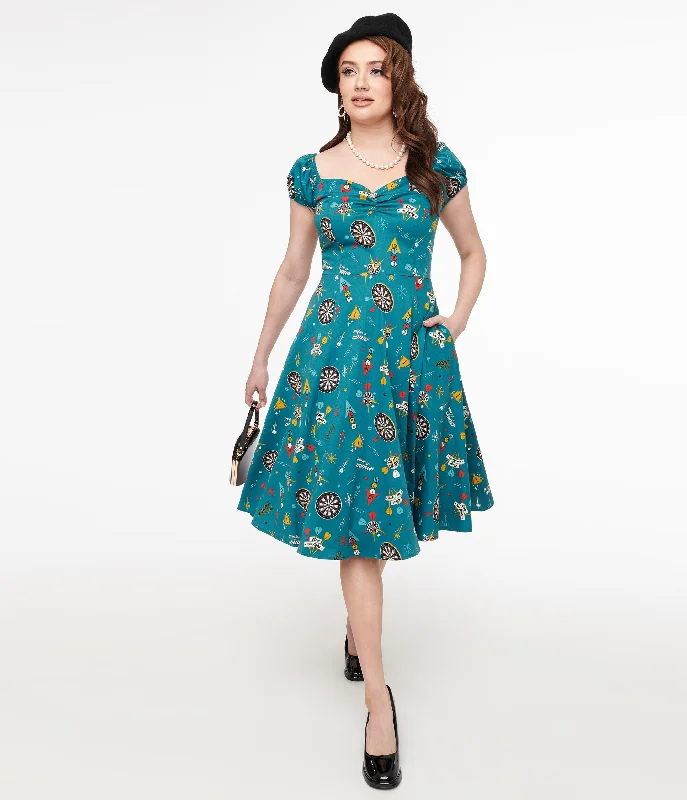 Mother-of-the-bride dresses1950s Teal Dart Board Keep Em Flying Cotton Swing Dress