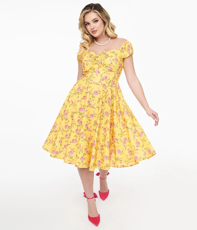 Bodycon dresses for women1950s Yellow & Fuchsia Floral Victoria Swing Dress