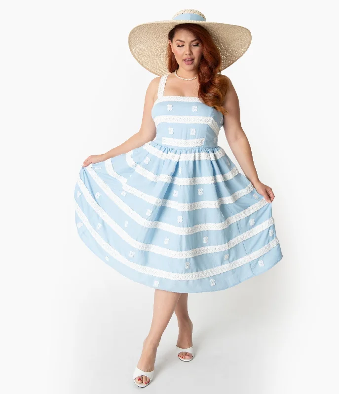 Short-sleeved dresses for womenBarbie x Unique Vintage Plus Size Blue & White Suburban Shopper Sundress