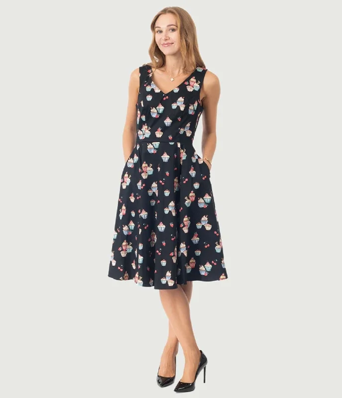 Festival dresses for music and arts eventsBlack Cupcake Print Swing Dress