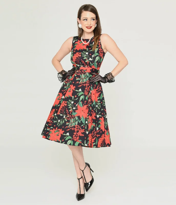 Winter dresses for cold weatherBlack & Red Poinsettia Swing Dress