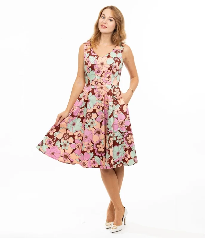 Women's casual dressesBurgundy & Pastel Florals Swing Dress