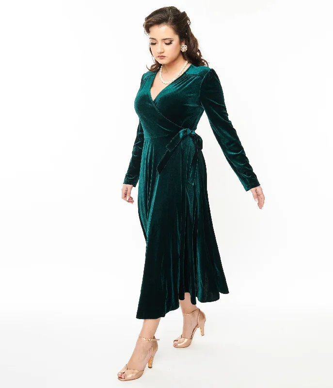 Flutter sleeve dresses for womenCollectif 1940s Green Velvet Kendra Wrap Dress