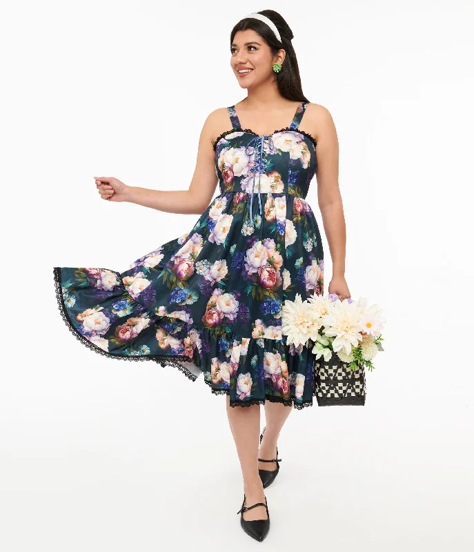 Low-cut dresses for womenDark Green Floral Heidi Swing Dress