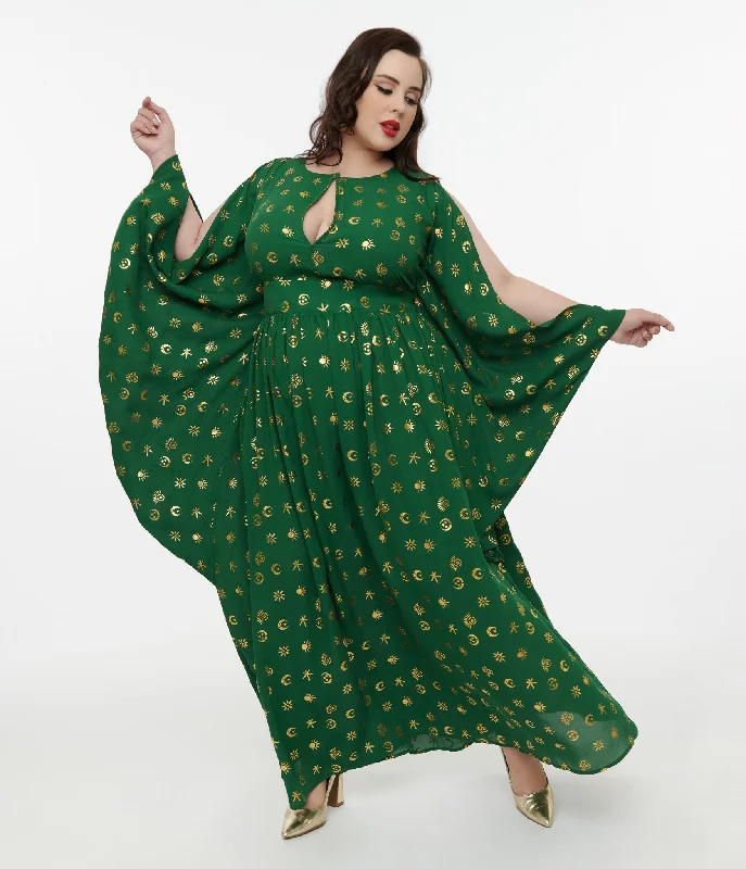 Custom-made dresses for personalized fitsDisney Hocus Pocus Collection by Unique Vintage Plus Size Green & Gold Moon Print Caftan