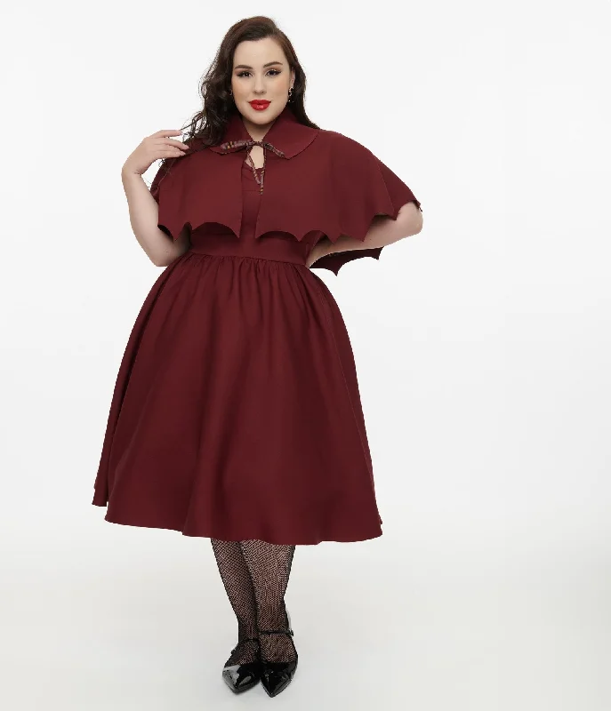 Festival dresses for music and arts eventsDisney Hocus Pocus Collection by Unique Vintage Plus Size Burgundy & Grey Plaid Hocus Pocus Capelet Swing Dress