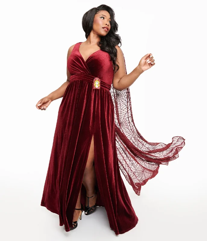 Elegant women's dressesDisney Hocus Pocus Collection by Unique Vintage Plus Size Hocus Pocus Burgundy Velvet & Spiderweb Sequin Cape Gown