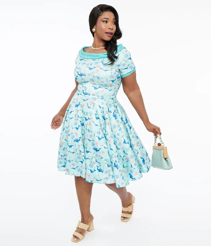 Evening gowns for formal eventsDolly & Dotty 1950s Baby Blue Whale Print Darlene Swing Dress