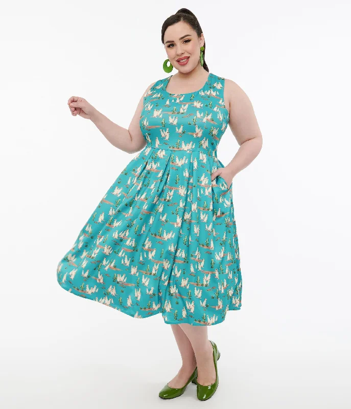 Leather dresses for womenDolly & Dotty 1950s Turquoise Meerkat Print Amanda Swing Dress