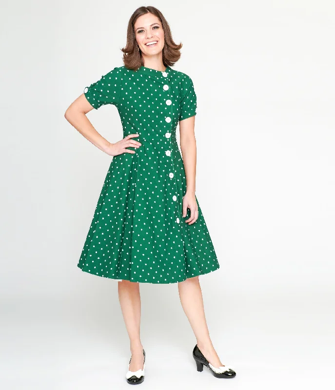 Embroidered dresses for womenUnique Vintage 1950s Green & White Pin Dot Contrast Button Swing Dress