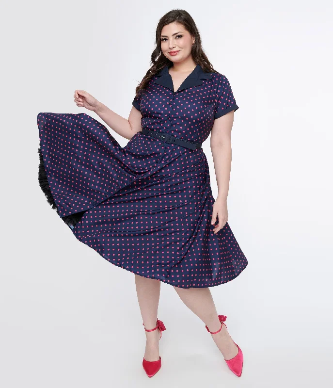 Strapless dresses for womenUnique Vintage Plus Size Navy & Hot Pink Dot Alexis Swing Dress