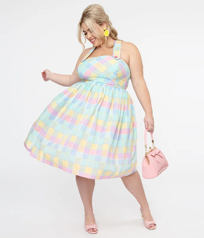 Satin dresses for womenHell Bunny Plus Size 1950s Pastel Rainbow Check Cotton Swing Dress