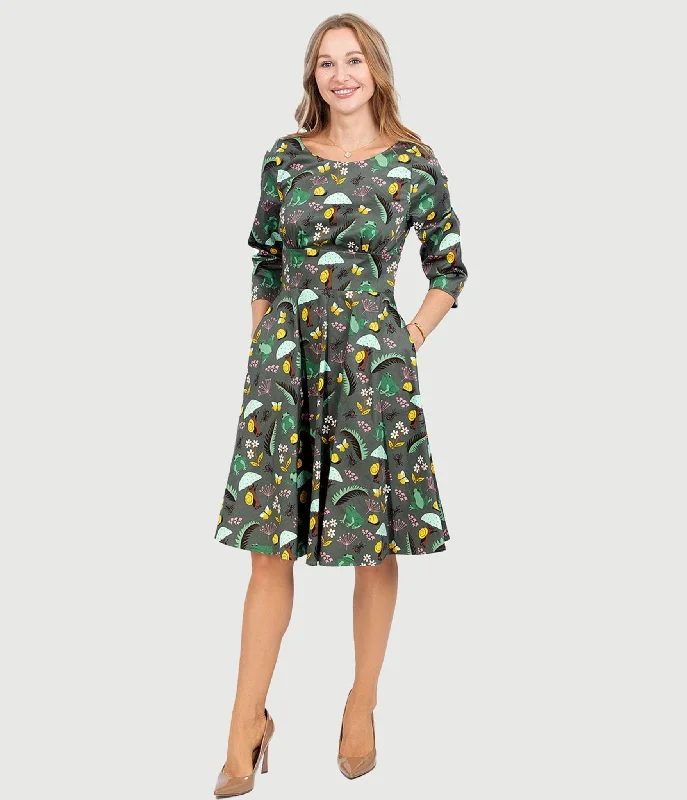 Bohemian women's dressesOlive Green & Rain Forest Print Fit & Flare Dress