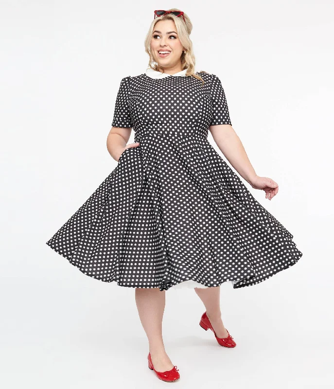 Vintage women's dressesPlus Size 1950s Black & White Polka Dot Brielle Swing Dress