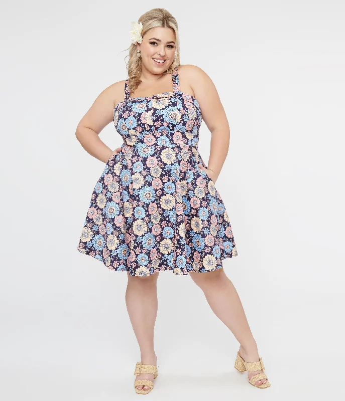 High-low hem dresses for womenPlus Size 1950s Navy & Multicolor Daisy Print Cotton Flare Dress