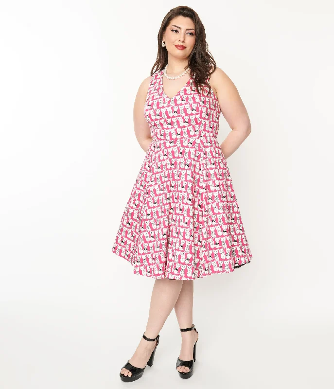 Cap sleeve dresses for womenPlus Size 1950s Style Hot Pink Cat Print Sleeveless Swing Dress